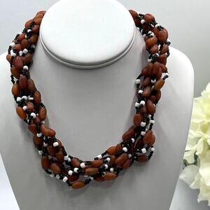 Vintage Orange Black‎ White Beads Twisted Multi-strand Bumpy Beaded Necklace